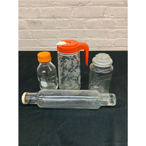 Lot of 4 Vintage Kitchen Glassware Items Rolling Pin, Pitcher, Travel Mug