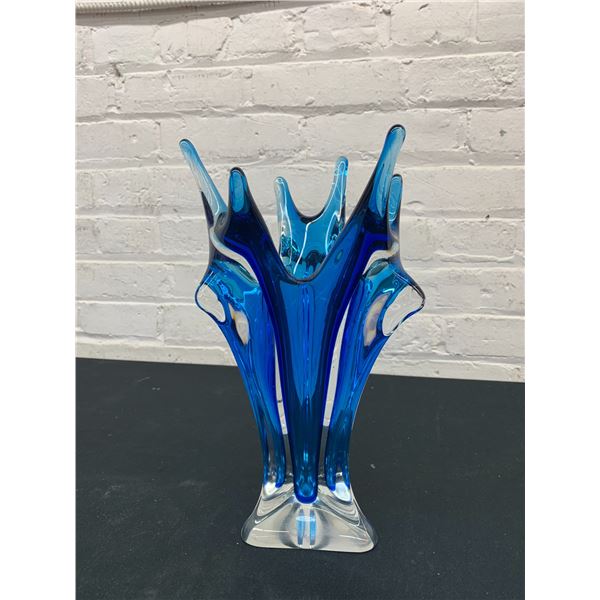 Vintage Marked Chalet Art Glass Blown Glass Blue 12" Centerpiece / Vase