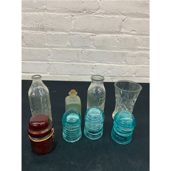 Lot of 4 Glass Insulators and 4 Vintage Glass Milk Bottle, Pyrex, Vase, Apothecary etc