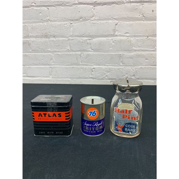 Lot of 3 Vintage Tin & Glass Coin Banks