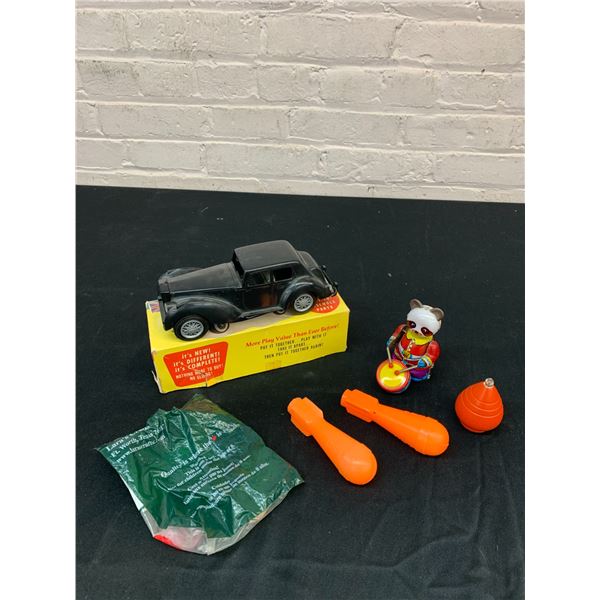 Lot of Tin Litho Drummer Panda, Ideal Rolls Royce Toy Car, etc