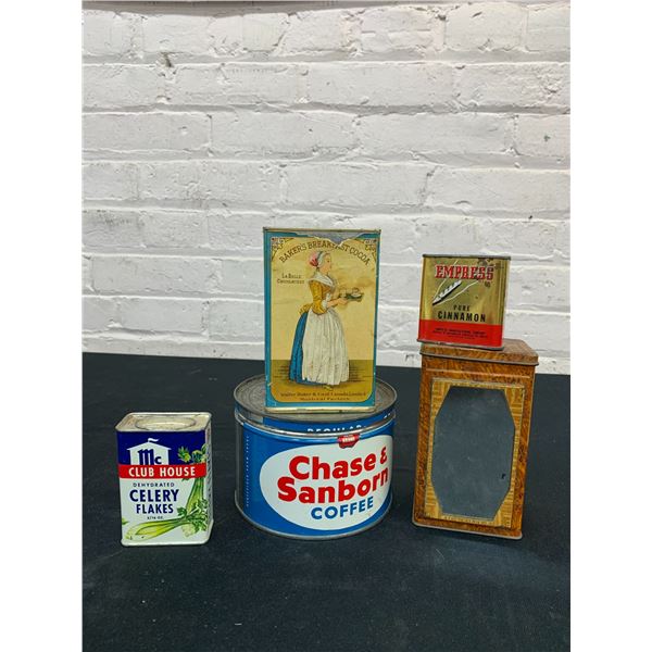 5 Vintage Tins Coffee, Cocoa, Cinnamon, Celery Flakes, etc