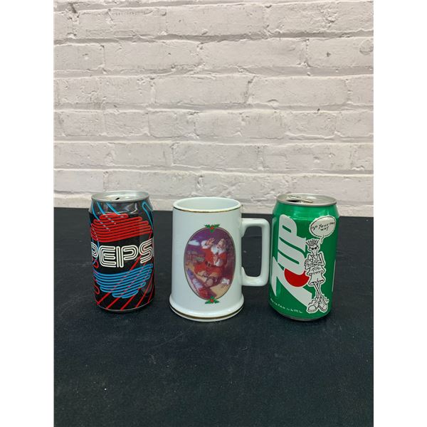 Pepsi Coin Can, Christmas Mug and 7-Up Can