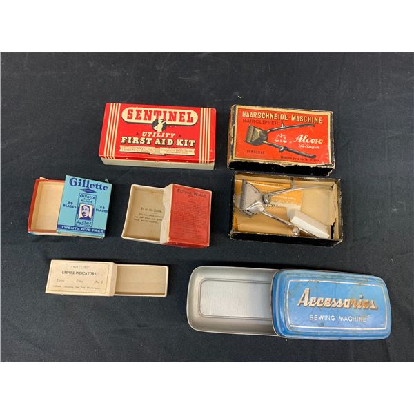Lot of Vintage Empty Tins and Boxes First Aid Kit, Gillette, Hair Clippers, Eclipse Watch, etc