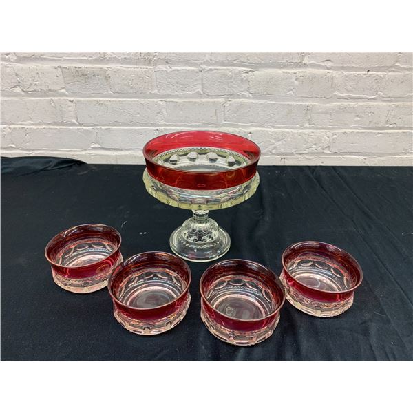 5pc Vintage Glass Cranberry Serving Set Footed Dish Compote Bowl and 4 Dessert Bowls, Coin Dot