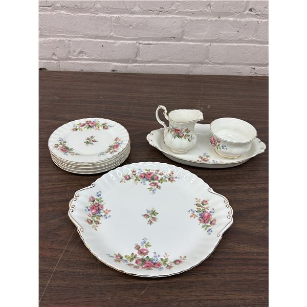 Royal Albert Moss Rose Fine Bone China Lot of Cream, Sugar, Tray, Server and 5 Saucers