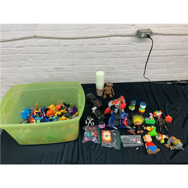Bin of Assorted Childrens Toys VIntage and Modern, Fastfood Premiums, Bakugan, ET, Trolls, etc