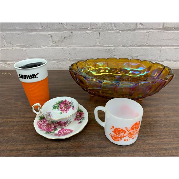 END OF THE RUN Carnival Glass Footed Fruit Bowl, Subway Thermos, Tea Cup & Saucer, Milk Glass Mug