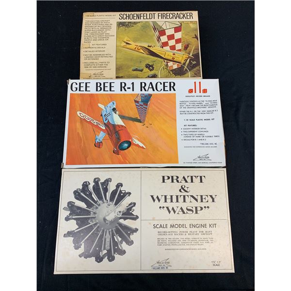 Lot of 3 Model Kits Williams Bros Inc Scale Model Engine, Gee-Bee R-1 Racer, Schoenfeldt Firecracker