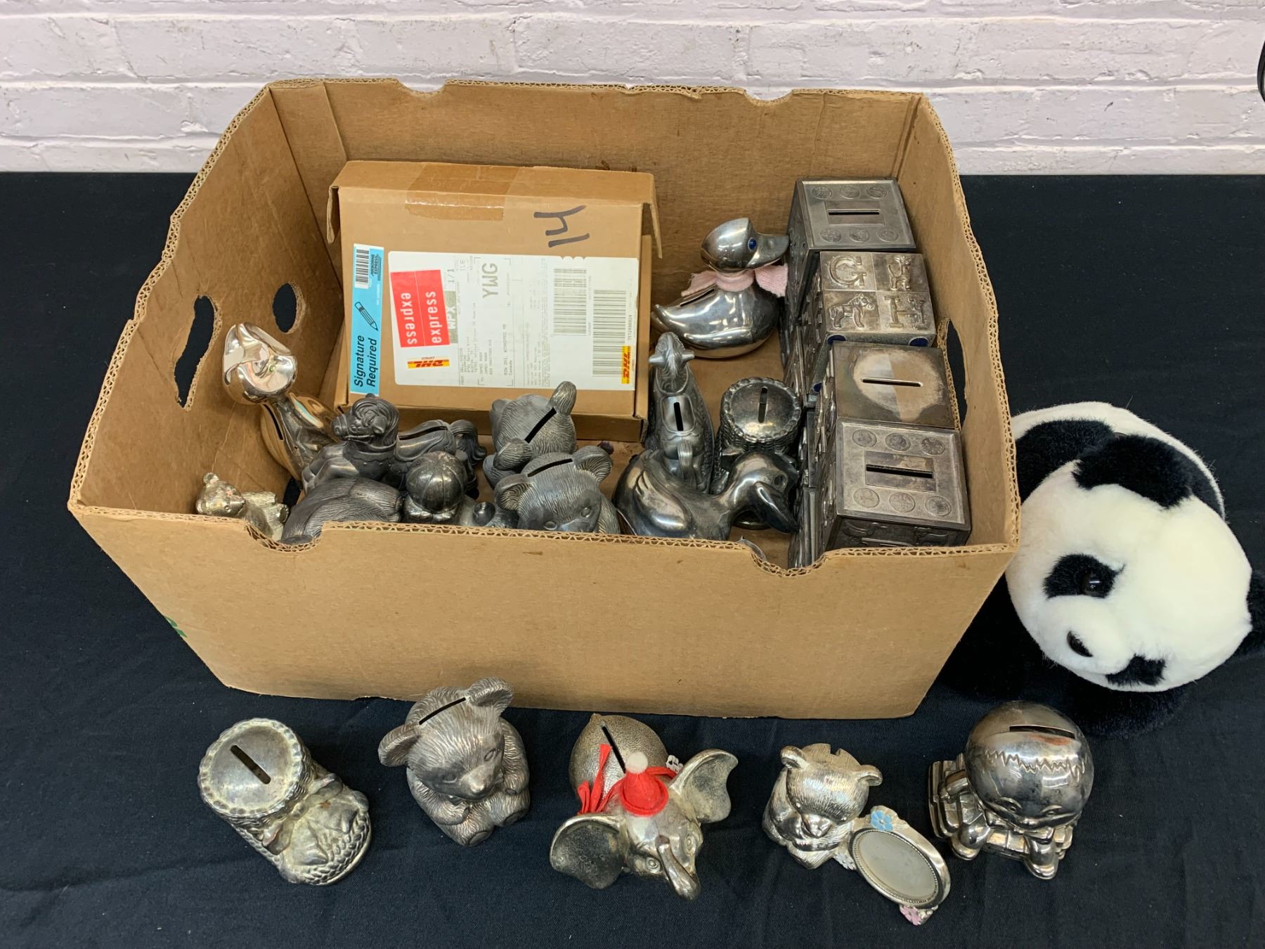 Box of Vintage Metal Coin / Piggy Banks Assorted
