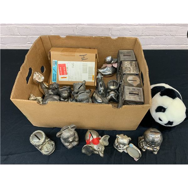 Box of Vintage Metal Coin / Piggy Banks Assorted