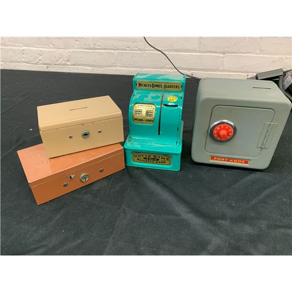 Lot of 4 Metal Coin Banks Fort Knox, Uncle Sam's, etc