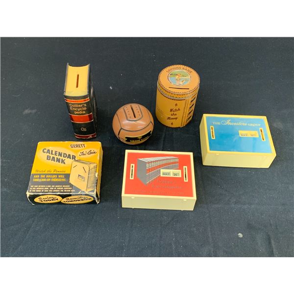 Lot of 6 Plastic Coin Banks Advertising / Books, etc