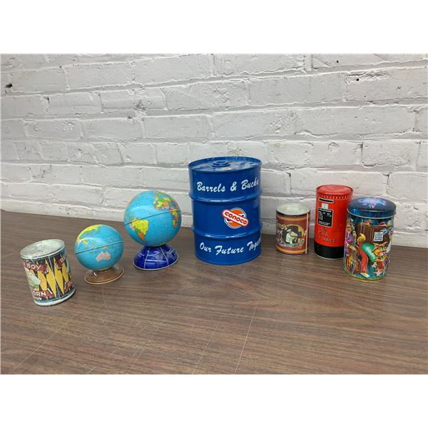 Lot of 7 Tin Piggy Banks / Advertising, Globes, Tins, etc