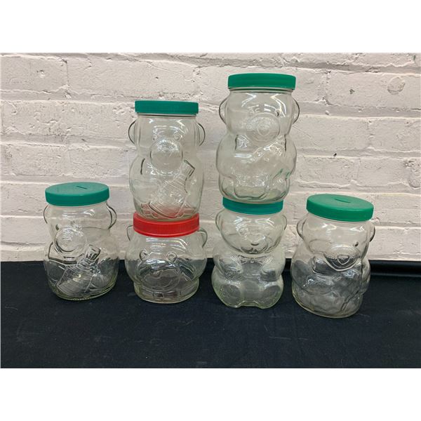 Lot of 6 Vintage Kraft Glass Peanut Butter Jars / Coin Banks