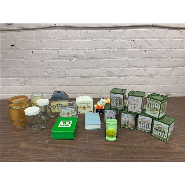 Lot of 19 Assorted Plastic, Glass and Tin Piggy Banks, TD Bank, Advertising, Winnipeg, etc