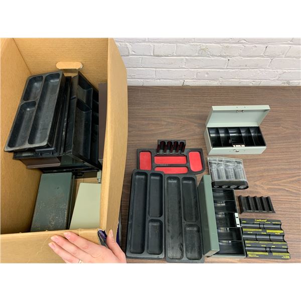 Box of Assorted Cash Drawer Coin Organizers, Cash Boxes, etc