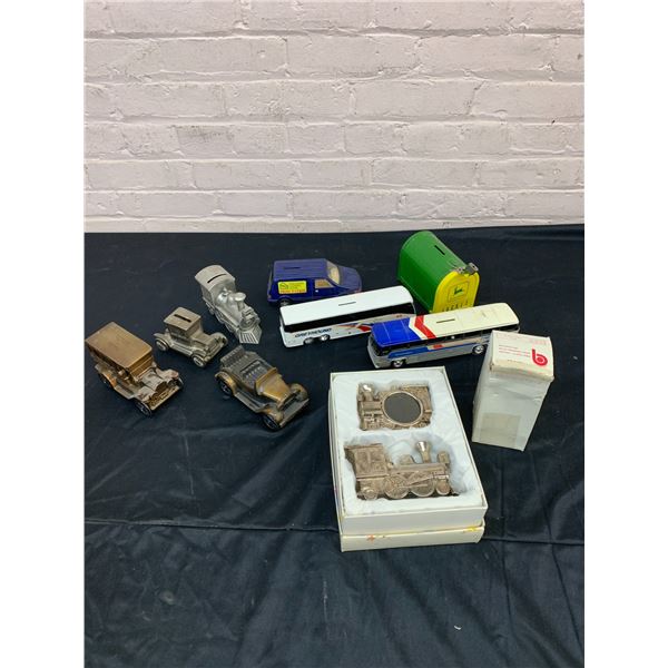 Lot of Assorted Piggy / Coin Banks Metal, Cars, Busses, Mailbox, etc