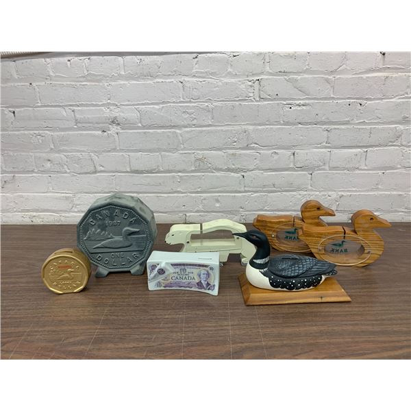 Lot of 7 Piggy Banks Coin Banks Canadian Coins, Loon, Ducks, Polar Bear, Money