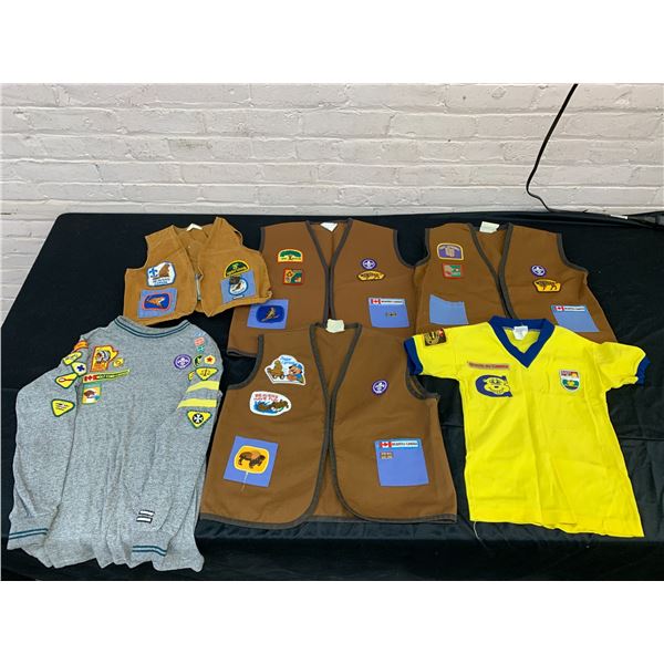 Lot of 6 Beavers Canada Vests w Patches, Wolf Cubs Shirt w Patches, Scouts Du Canada