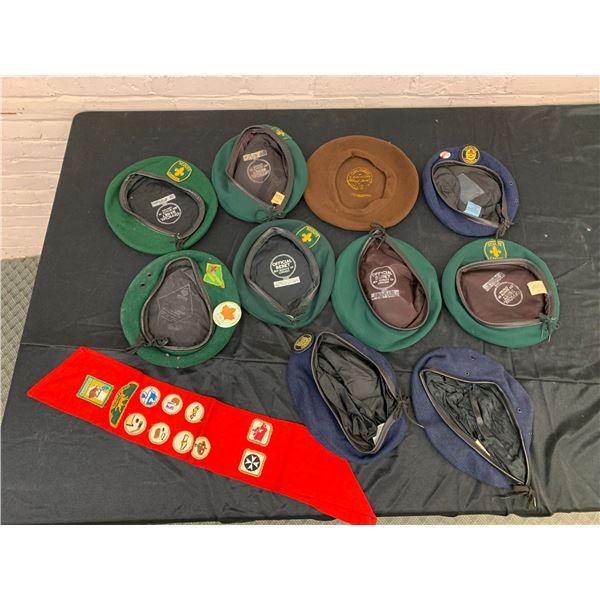Lot of 10 Scouts Boy Scouts / Girl Guides Caps / Berets and Sash (w various patches)