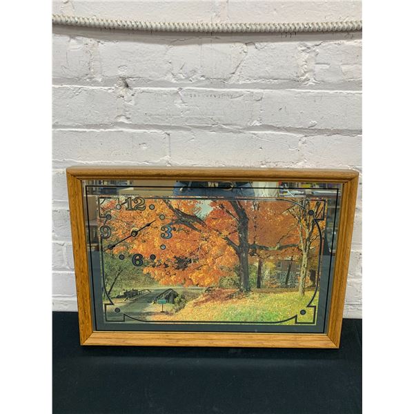 Vintage MCM Wall Hanging Clock Mirror with 'Fall Scene' Artwork