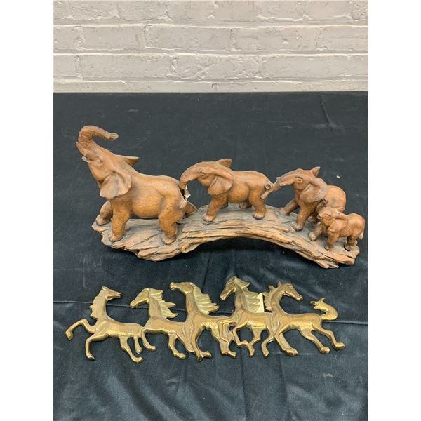 Resin Elephant Sculpture *damage* and Brass Horses Wall Art