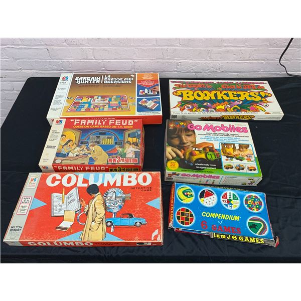 Lot of 6 Tabletop Board Games Columbo, Bonkers, Family Feud, Go Mobiles