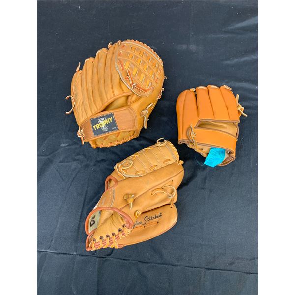 Lot of 3 Leather Baseball Mitts
