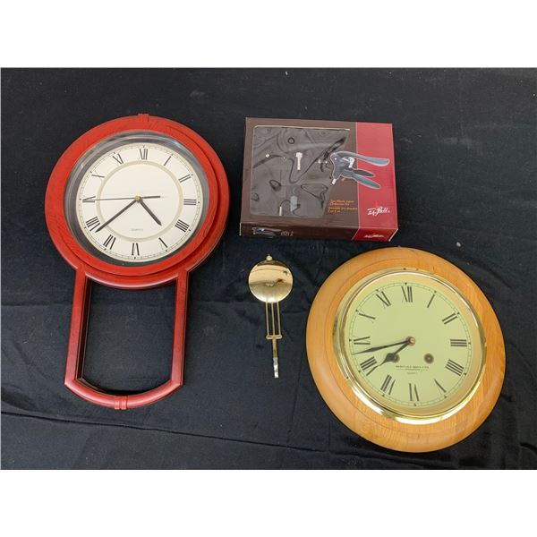 Lot of 2 Quartz Wall Clocks, Pendulum Clock and 3pc Lever Corkscrew Set