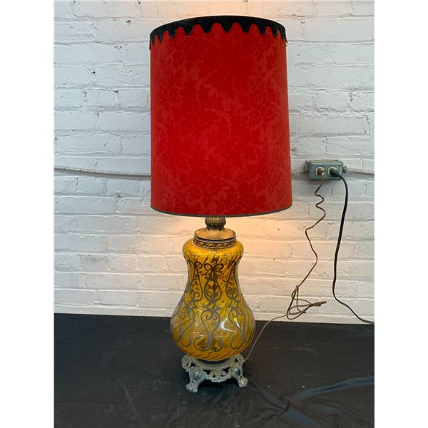Vintage Gothic Style Table Lamp, Red Shade & Amber Glass Base