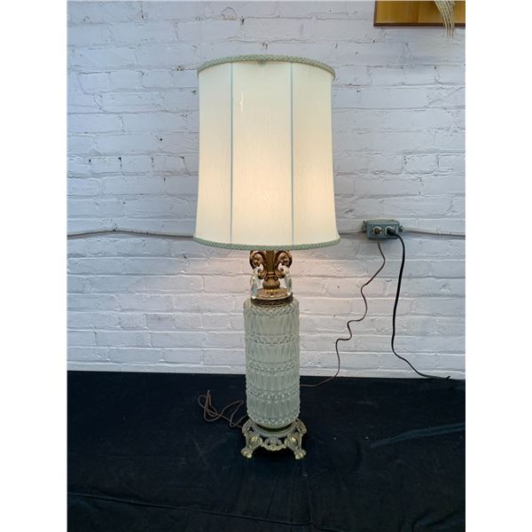 Vintage MCM Style Ornate Detail Lamp, Clear Glass Base White Fabric Shade, Crystal Pendants *works
