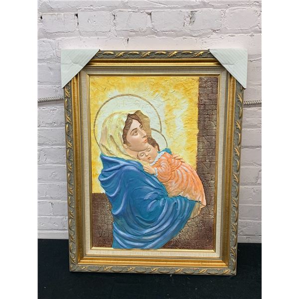 Hand Painted & Framed Mother Mary and Baby Jesus 3D Relief Wooden Wall Art