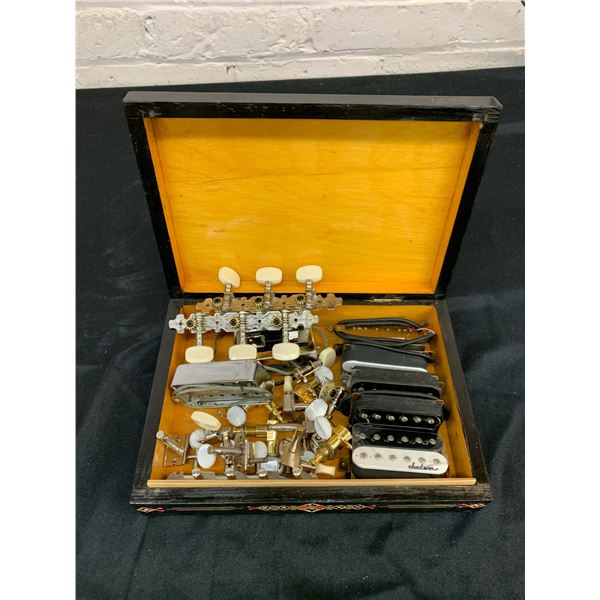 Box of Guitar Tuner Knobs, Pickups Accessories