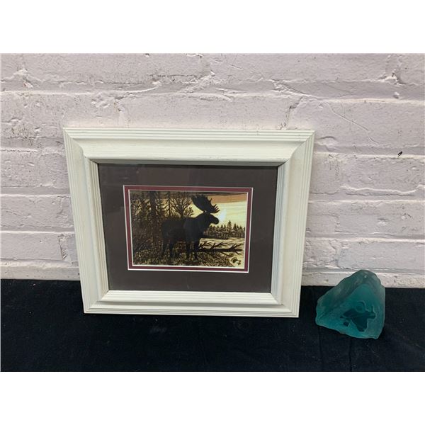 Framed Woodburn Print of Moose and Etched Glass Stone Paper Weight