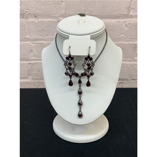 JLo Jennifer Lopez Brand Gothic Red and Dark Silver Necklace and Earrings Set Fashion Jewellery