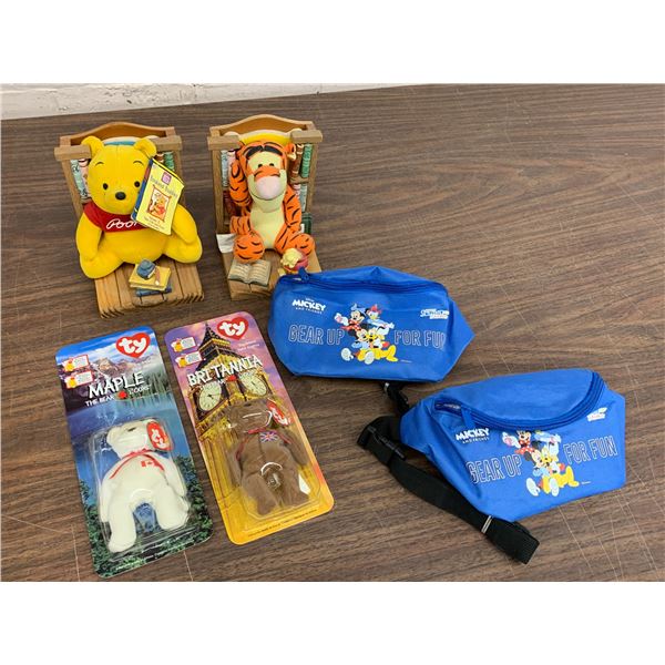 Lot of 6 Toys Winnie The Pooh Bookends, TY Beanie Babies, Disney Fanny Pack Bags