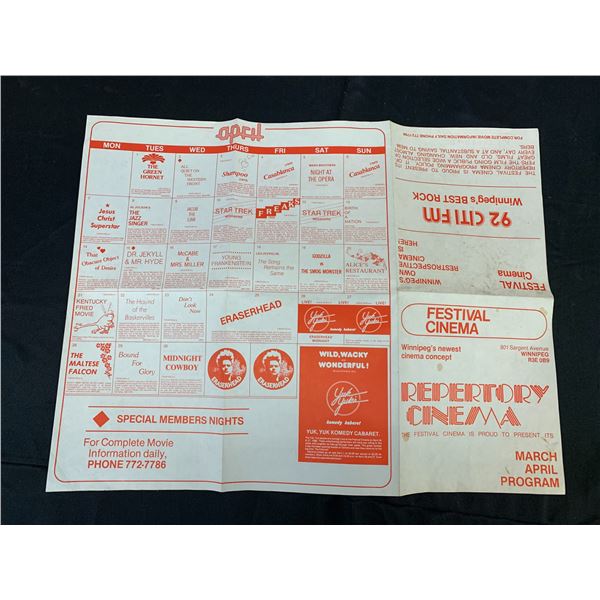1980 Festival Cinema Theatre Calendar Vintage Winnipeg Advertising