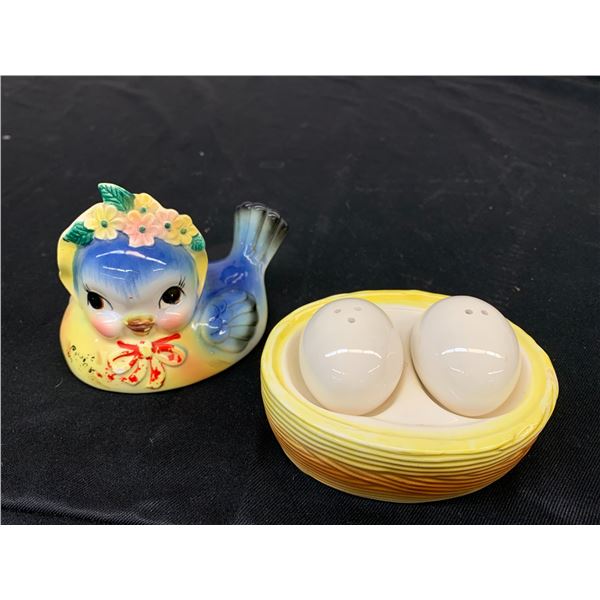 Vintage Napco Japan Bluebird Covered Dish w Salt and Pepper Egg Shakers