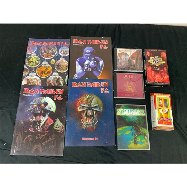 Iron Maiden Fan Club Magazines, Queen CD, Black Sabbath CD, VHS WWF, etc