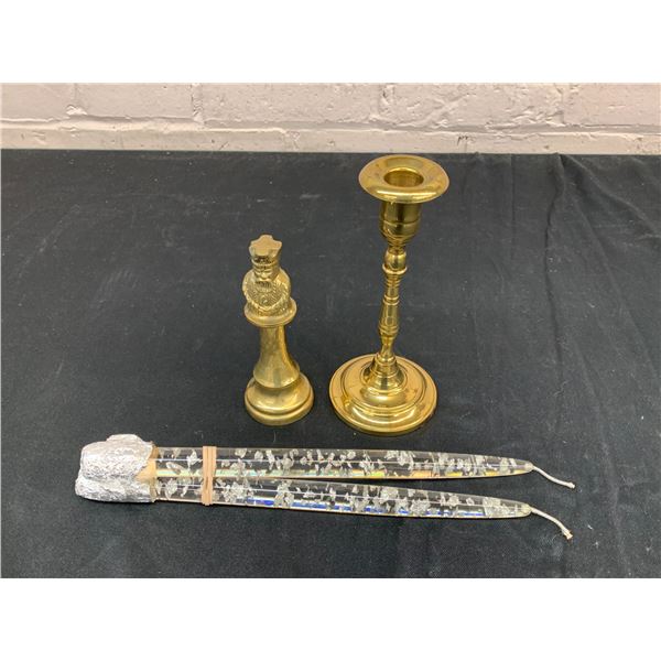 Brass Candlestick, Bottle Opener and Lucite with Silver Flake Candles