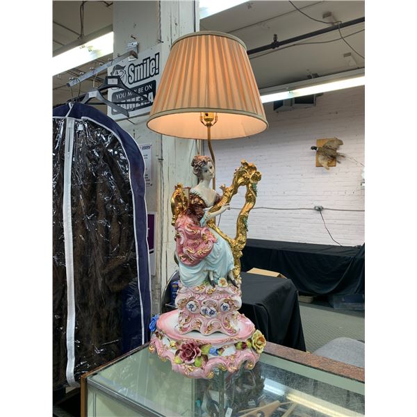 Made in Italy Capodimonte Style Ornate LARGE Lamp Ben Rose? Woman Playing Harp