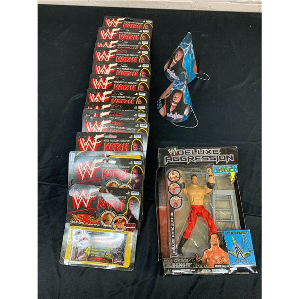 Lot of Wrestling WWE WWF Katch Metal Collectible Medallions, Action Figure & Party Hats