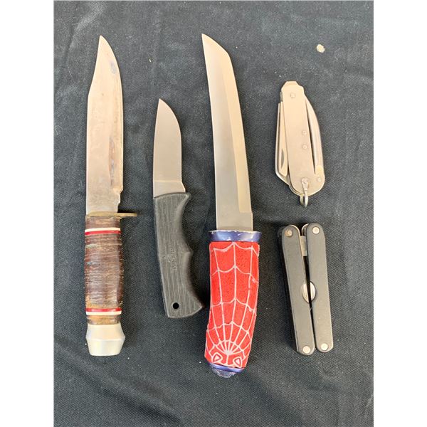 Lot of 5 Knives 3 Fixed Blades, 2 Folding Pocket Knives / Swiss Army Knife