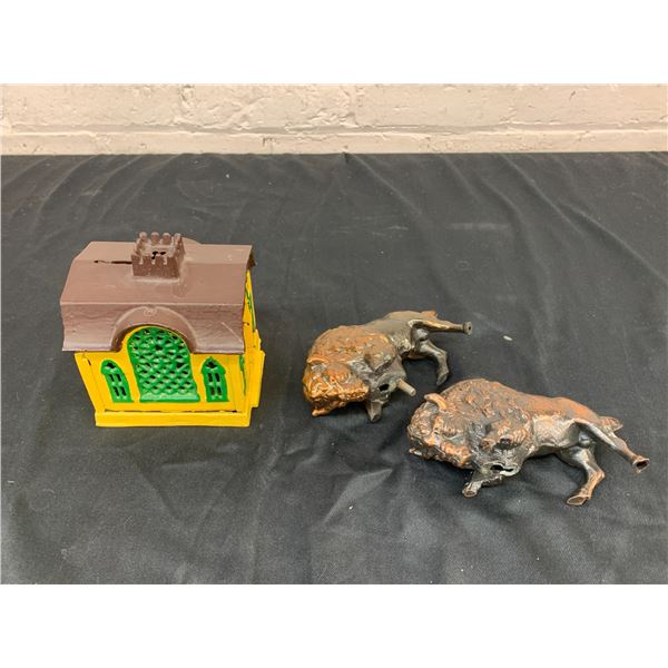 Cast Iron Magic Bank Mechanical Reproduction & 2 Metal Bison Trophy Toppers