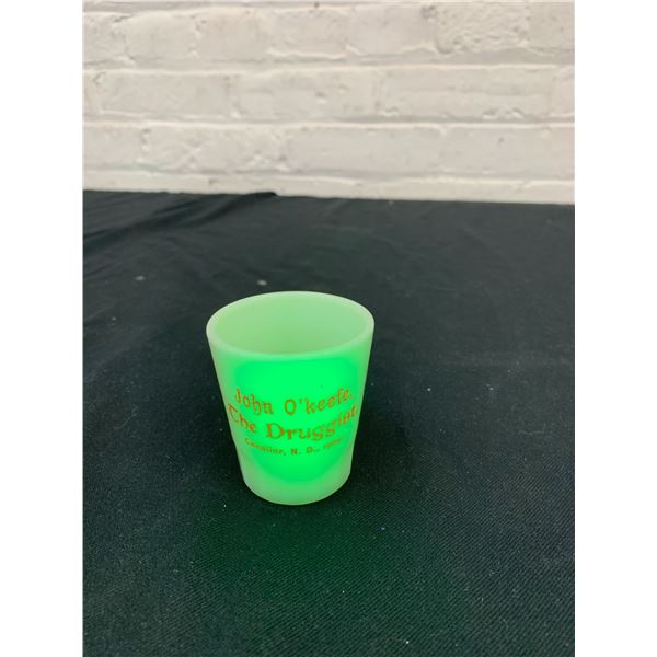 John O' Keefe Uranium Glass Druggist Apothecary Shot Glass