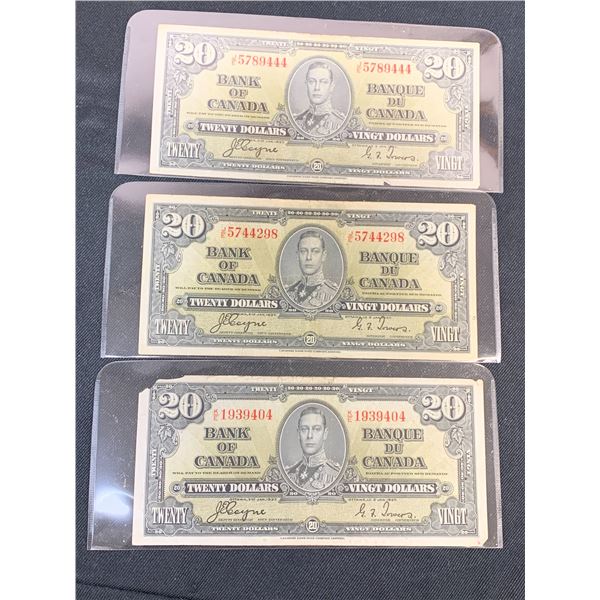 Lot of 3 1937 $20 Canadian Bills