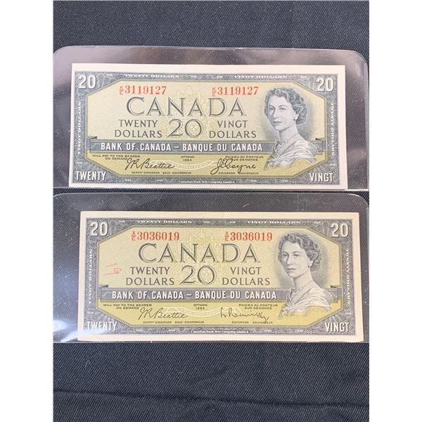 x2 1954 Canada $20 Paper Bills