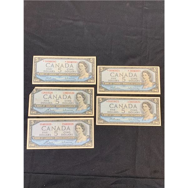 Lot of 5 1954 Canada $5 Five Dollar Paper Bills