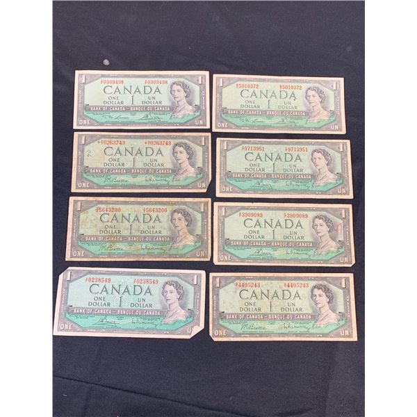 Lot of 8 1954 Canadian Dollar $1 Paper Bills